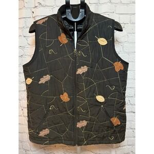 Tall Girl Women's Black Embroidered Leaf Quilted Puffer Vest Full Zip Large